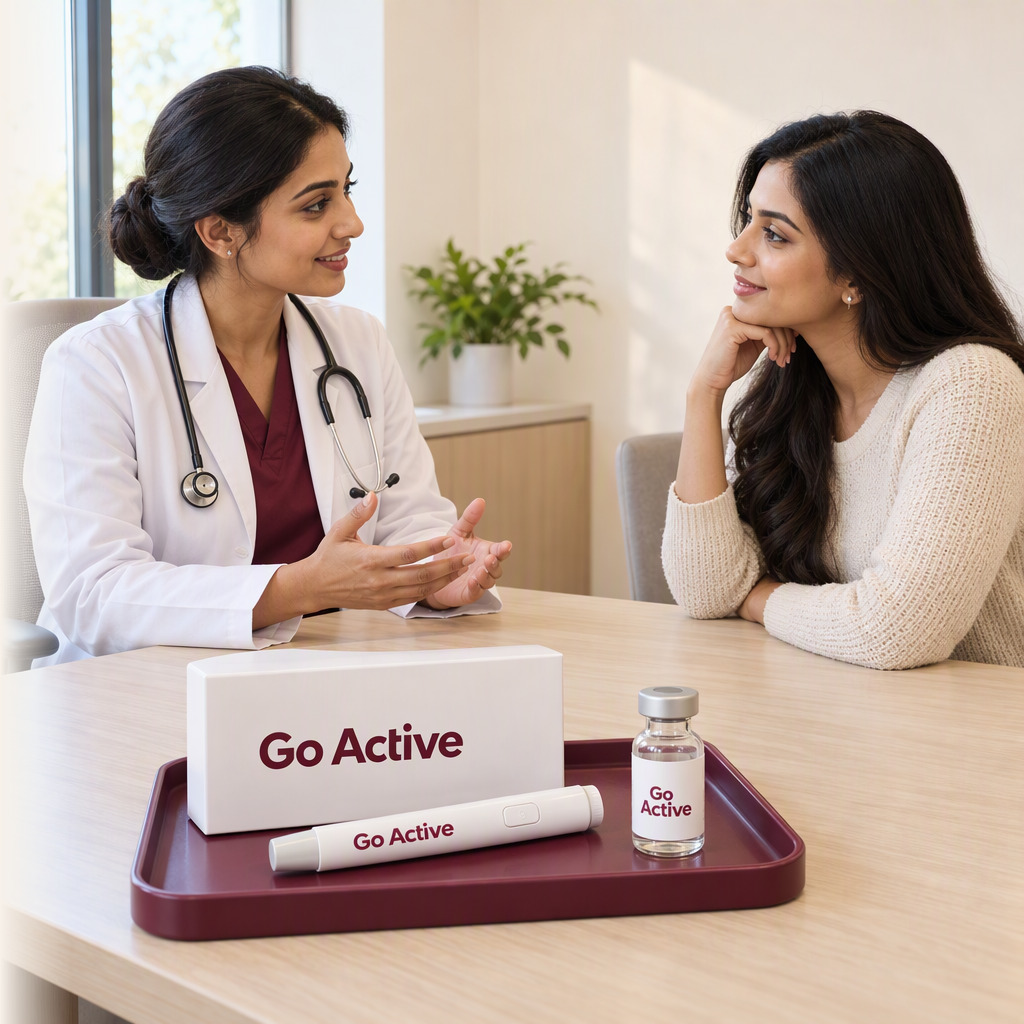 A doctor with an adult during a consultation, with prescription medicines on the table